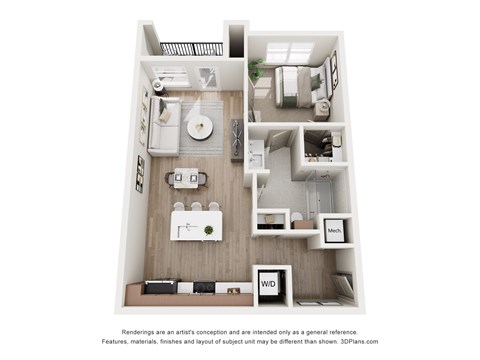 A 3D floor plan of a small apartment with a kitchen, living room, and bathroom.